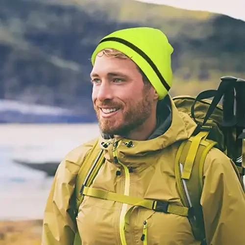 Geyoga 2 Pack Adult Reflective Knit Beanie Hats Warm Winter Headwear with Reflective Stripes for Outdoor Work, Running & More - 3