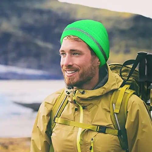 Geyoga 2 Pack Adult Reflective Knit Beanie Hats Warm Winter Headwear with Reflective Stripes for Outdoor Work, Running & More - 3