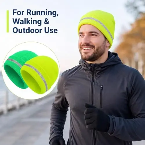 Geyoga 2 Pack Reflective Beanie Hats, High Visibility | Safety Hat with Reflective Strip for Night Running, Outdoor Work, Cycling, Warm and Knit Design for Roadside Workers, Joggers - 5