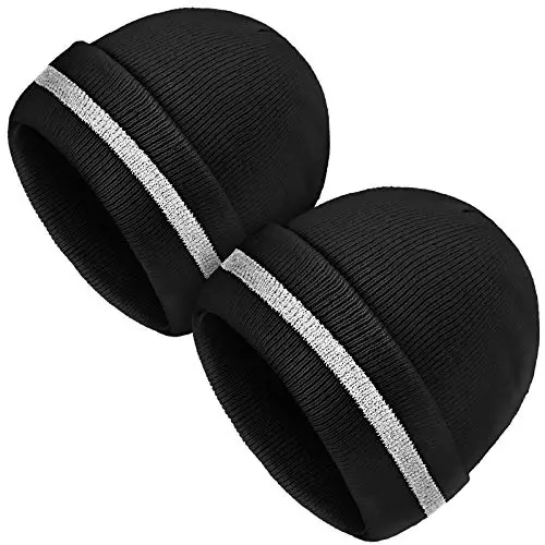 Geyoga 2 Pack Adult Reflective Knit Beanie Hats Warm Winter Headwear with Reflective Stripes for Outdoor Work, Running & More - 1