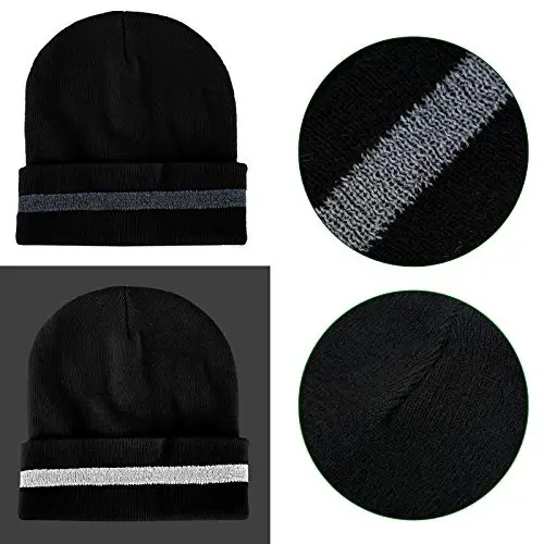 Geyoga 2 Pack Adult Reflective Knit Beanie Hats Warm Winter Headwear with Reflective Stripes for Outdoor Work, Running & More - 4