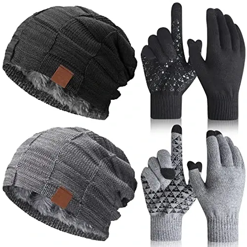 Geyoga 4 Pack Erkaklar uchun Qishki Shapkalar Beanie va Qo'lqoplar To'plami, Qishki Yumshoq Beanie Shlyapa Issiq Qo'lqoplar Astarli Trikotaj Qalin - Geyoga