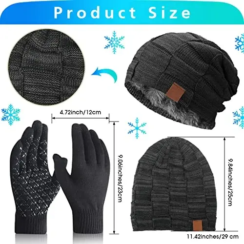 Geyoga 4 Pack Erkaklar uchun Qishki Shapkalar Beanie va Qo'lqoplar To'plami, Qishki Yumshoq Beanie Shlyapa Issiq Qo'lqoplar Astarli Trikotaj Qalin - 2