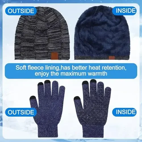 Geyoga 4 Pack Winter Hats for Men Beanie and Gloves Set, Winter Slouchy Beanie Hat Warm Gloves Lined Knit Thick - 5