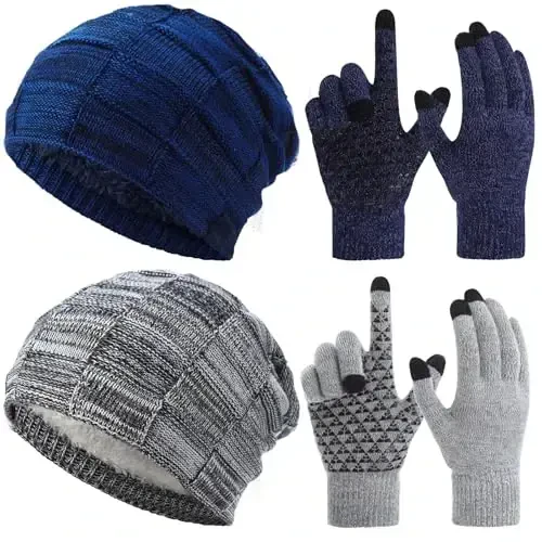 Geyoga 4 Pack Winter Hats for Men Beanie and Gloves Set, Winter Slouchy Beanie Hat Warm Gloves Lined Knit Thick 
