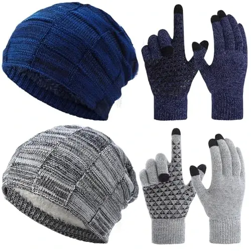 Geyoga 4 Pack Winter Hats for Men Beanie and Gloves Set, Winter Slouchy Beanie Hat Warm Gloves Lined Knit Thick - GEYOGA