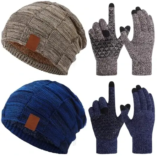 Geyoga 4 Pack Winter Hats for Men Beanie and Gloves Set, Winter Slouchy Beanie Hat Warm Gloves Lined Knit Thick - 1