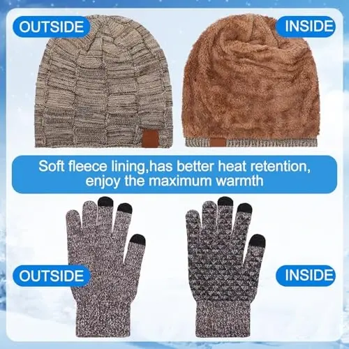 Geyoga 4 Pack Winter Hats for Men Beanie and Gloves Set, Winter Slouchy Beanie Hat Warm Gloves Lined Knit Thick - 5