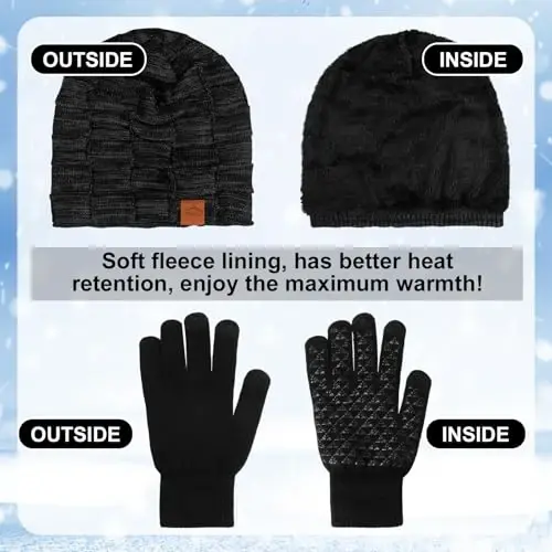 Geyoga 4 Pack Winter Hats for Men Beanie and Gloves Set, Winter Slouchy Beanie Hat Warm Gloves Lined Knit Thick - 5