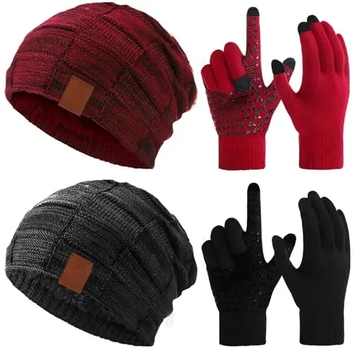 Geyoga 4 Pack Winter Hats for Men Beanie and Gloves Set, Winter Slouchy Beanie Hat Warm Gloves Lined Knit Thick - 1