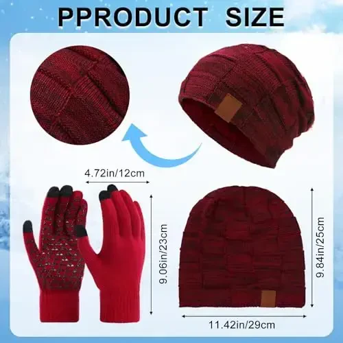 Geyoga 4 Pack Winter Hats for Men Beanie and Gloves Set, Winter Slouchy Beanie Hat Warm Gloves Lined Knit Thick - 2