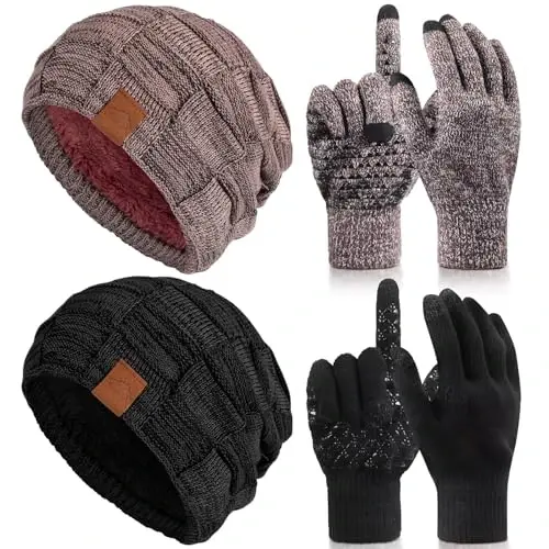 Geyoga 4 Pack Winter Hats for Men Beanie and Gloves Set, Winter Slouchy Beanie Hat Warm Gloves Lined Knit Thick - 1