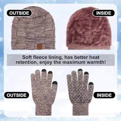 Geyoga 4 Pack Winter Hats for Men Beanie and Gloves Set, Winter Slouchy Beanie Hat Warm Gloves Lined Knit Thick - 5