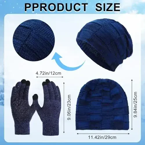 Geyoga Erkaklar uchun 4 dona Qishki Shlyapalar To'plami Beanie va Qo'lqoplar To'plami, Qishki Beanie Shlyapa Issiq Qo'lqoplar Triko Qalin - 2
