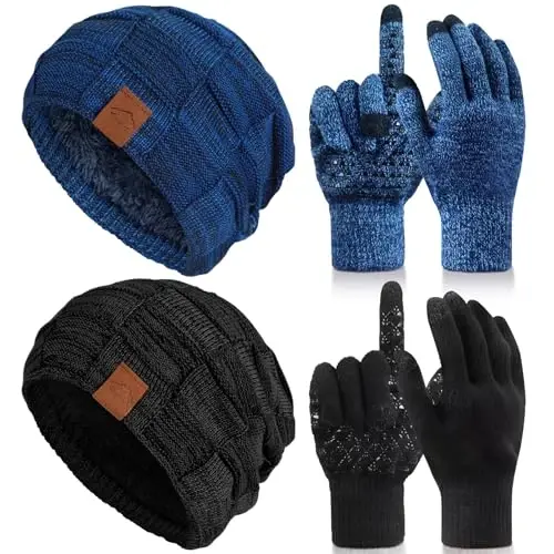 Geyoga 4 Pack Winter Hats for Men Beanie and Gloves Set, Winter Slouchy Beanie Hat Warm Gloves Lined Knit Thick - GEYOGA