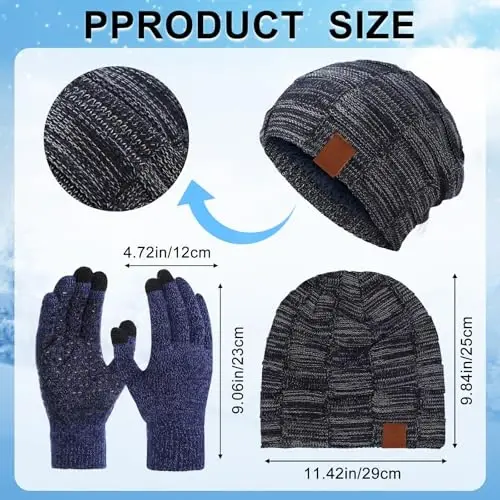 Geyoga 4 Pack Winter Hats for Men Beanie and Gloves Set, Winter Slouchy Beanie Hat Warm Gloves Lined Knit Thick - 2