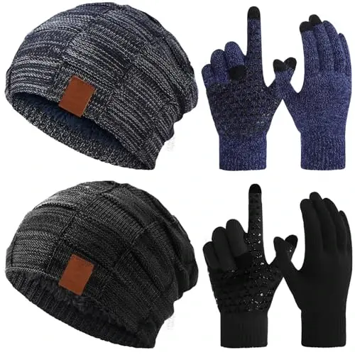Geyoga 4 Pack Winter Hats for Men Beanie and Gloves Set, Winter Slouchy Beanie Hat Warm Gloves Lined Knit Thick - GEYOGA
