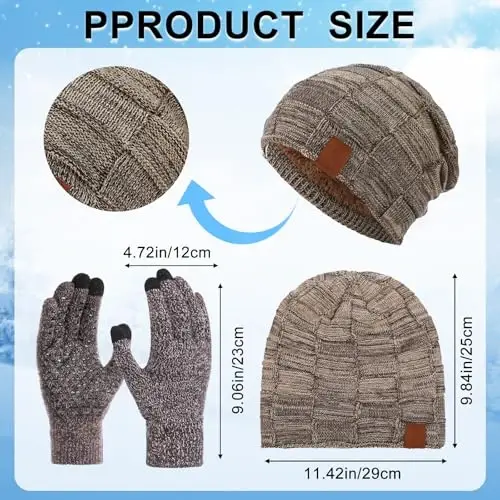 Geyoga 4 Pack Winter Hats for Men Beanie and Gloves Set, Winter Slouchy Beanie Hat Warm Gloves Lined Knit Thick - 2
