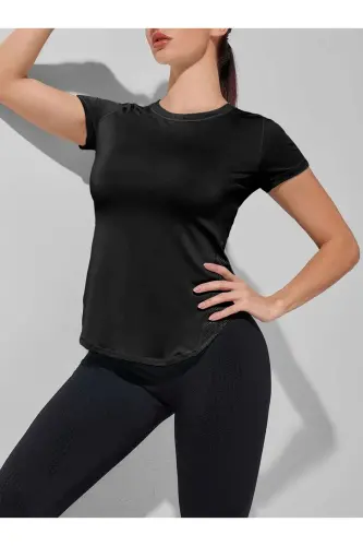 Ghassy Co. Ayollar Dry Fit Yugurish Yoga Tez Quriydigan Namlikni Yutuvchi Yonlari To'rli Havo O'tkazuvchan Sport T-shi-QORA - 4