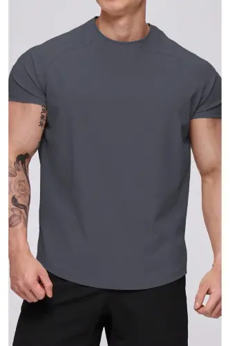 Ghassy Co. Erkek Running Sports Reglan Oval Kesim Penye T-shirt - FÜME - GHASSY CO (1)