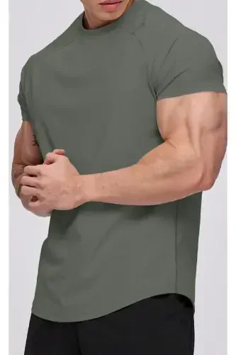 Ghassy Co. Erkek Running Sports Reglan Oval Kesim Penye T-shirt-HAKİ - 1