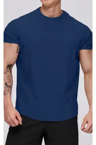 Ghassy Co. Erkek Running Sports Reglan Oval Kesim Penye T-shirt-LACİVERT - 3