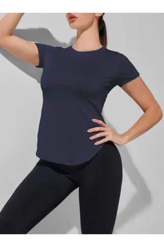 Ghassy Co. Kadın Dry Fit Running Yoga Hızlı Kuruma Nem Emici Yanları Fileli Hava Alabilen Spor T-shi - LACİVERT - 4
