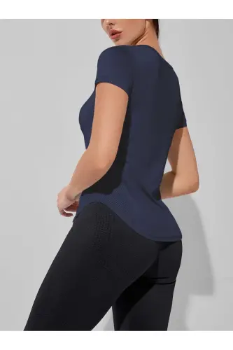 Ghassy Co. Kadın Dry Fit Running Yoga Hızlı Kuruma Nem Emici Yanları Fileli Hava Alabilen Spor T-shi - LACİVERT - 5