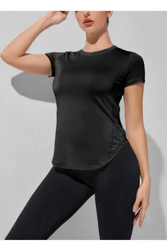 Ghassy Co. Kadın Dry Fit Running Yoga Hızlı Kuruma Nem Emici Yanları Fileli Hava Alabilen Spor T-shi-SİYAH 