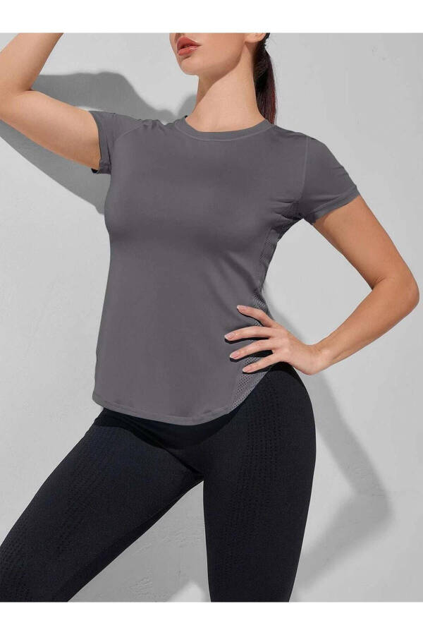 Ghassy Co. Kadın Dry Fit Running Yoga Hızlı Kuruma Nem Emici Yanları Fileli Hava Alabilen Spor T-shi - FÜME - 10