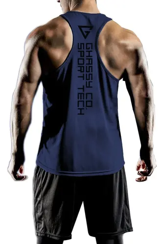 Ghassy Co. Men's Dry Fit Y-back Gym Fitness Workout Tank Top Gym-101-Navy Blue 