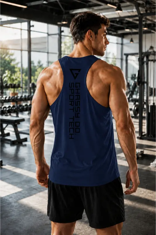 Ghassy Co. Men's Dry Fit Y-back Gym Fitness Workout Tank Top Gym-101-Navy Blue - 1