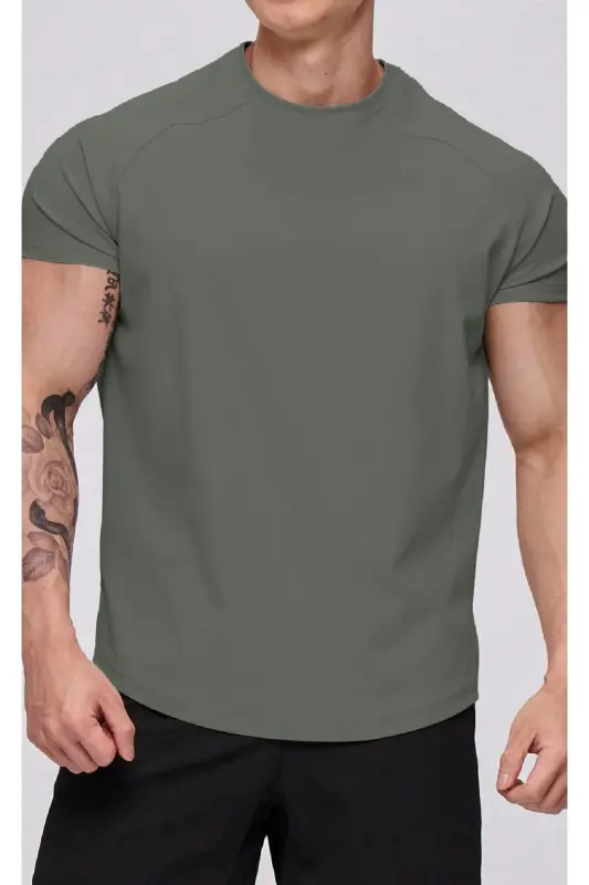 Ghassy Co. Men's Running Sports Raglan Oval Cut Jersey T-shirt-KHAKI - 3
