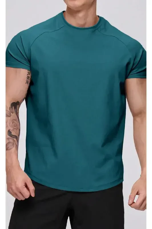 Ghassy Co. Men's Running Sports Raglan Oval Cut Jersey T-shirt-Petrol Blue - 3