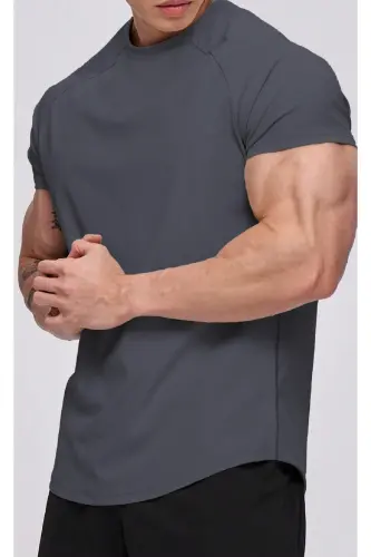 Ghassy Co. Men's Running Sports Raglan Oval Cut Jersey T-shirt-SMOKE 