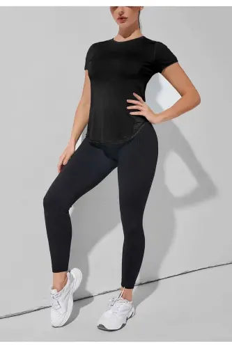 Ghassy Co. Женская Dry Fit Бег Йога Быстросохнущая Влагоотводящая Сетчатые Вставки Дышащая Спортивная Футболка-ЧЕРНЫЙ - 3