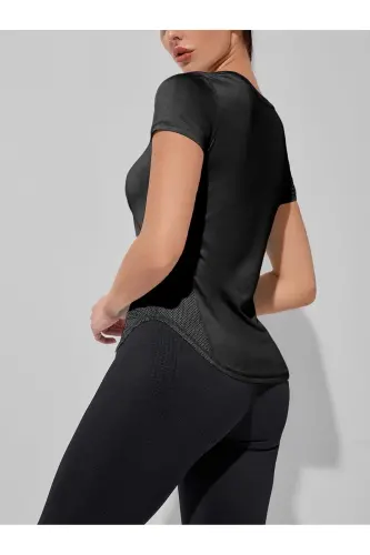 Ghassy Co. Женская Dry Fit Бег Йога Быстросохнущая Влагоотводящая Сетчатые Вставки Дышащая Спортивная Футболка-ЧЕРНЫЙ - 5