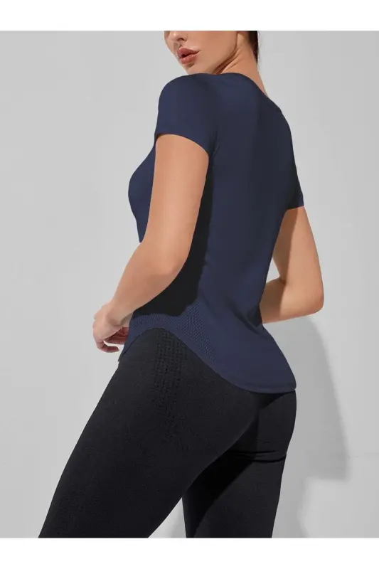 Ghassy Co. Женская Dry Fit Running Yoga Быстросохнущая Влагоотводящая Сетчатая дышащая спортивная футболка-темно-синий - 5