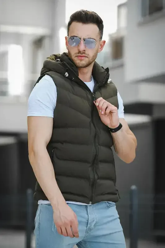 Giaco Slim Fit Hooded Water-Resistant Puffer Men's Padded Vest-KHAKI - 2