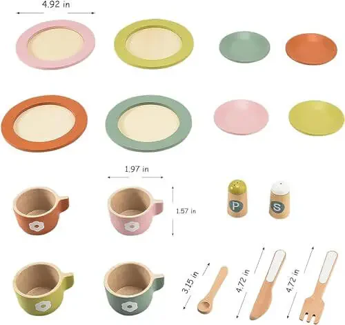 Giant Bean 27PCS Wooden Toy Plates and Dishes for Kitchen Set, Montessori Kitchen Toys for Girls and Boys, Wooden Play Kitchen Accessories - 7