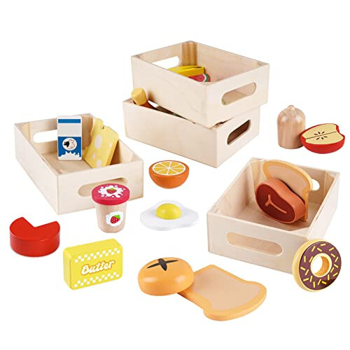 Food Groups - Wooden Play Food Sets, Pretend Play Kitchen Toys, Toy Food Accessories for Toddlers 1-3, Wood Play Fake Food for 1 2 3 Year Old Boys Girls Birthday Gift - 32