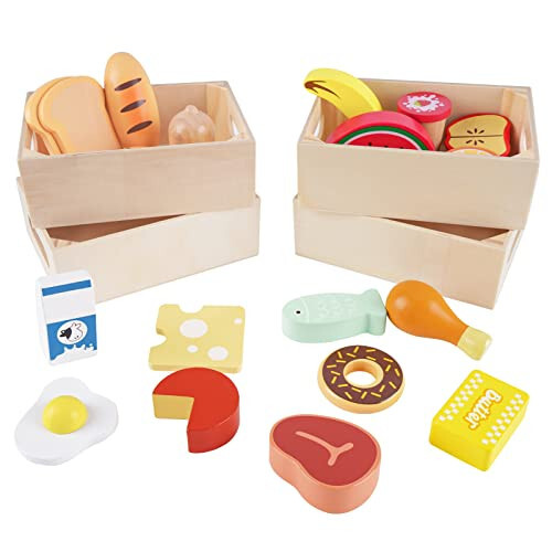 Food Groups - Wooden Play Food Sets, Pretend Play Kitchen Toys, Toy Food Accessories for Toddlers 1-3, Wood Play Fake Food for 1 2 3 Year Old Boys Girls Birthday Gift - 35