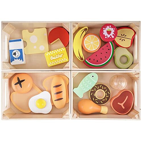 Food Groups - Wooden Play Food Sets, Pretend Play Kitchen Toys, Toy Food Accessories for Toddlers 1-3, Wood Play Fake Food for 1 2 3 Year Old Boys Girls Birthday Gift - Food