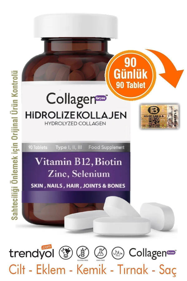 Gidroliz qilingan Kollagen 123-turi Biotin - Keratin - Sink - Foliy kislotasi - Selen - B12 Vitamini 1200mg 90 tablet - 18