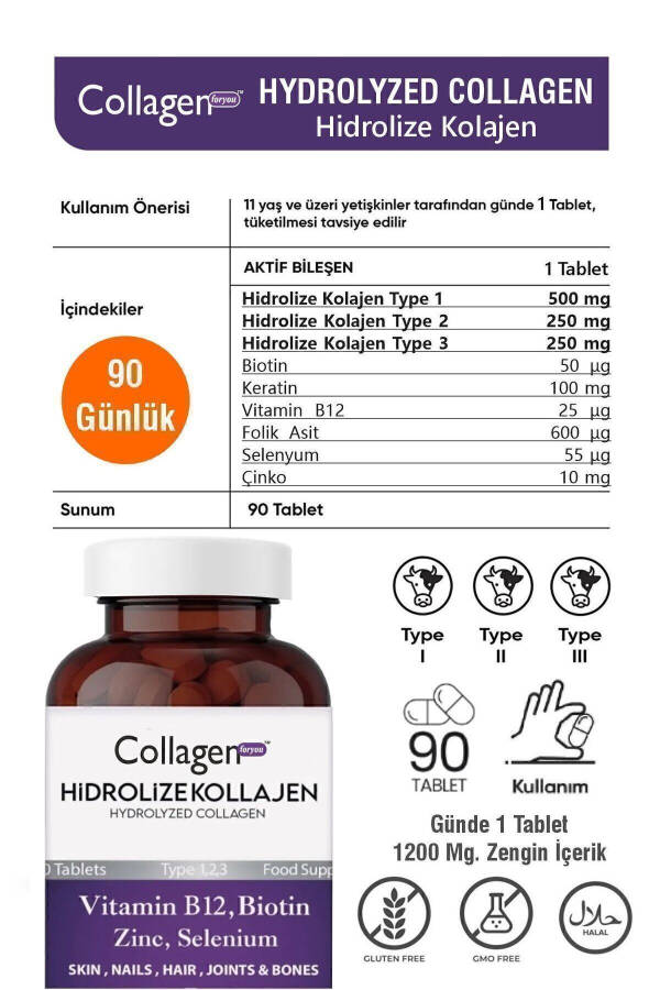 Gidroliz qilingan Kollagen 123-turi Biotin - Keratin - Sink - Foliy kislotasi - Selen - B12 Vitamini 1200mg 90 tablet - 19