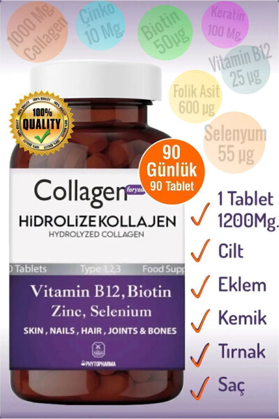 Gidroliz qilingan Kollagen 123-turi Biotin - Keratin - Sink - Foliy kislotasi - Selen - B12 Vitamini 1200mg 90 tablet - 23