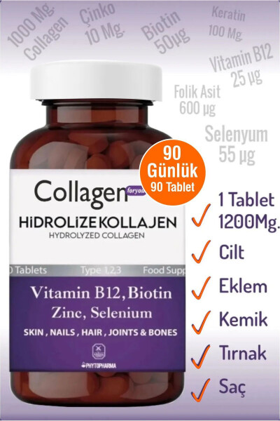 Gidroliz qilingan Kollagen 123-turi Biotin - Keratin - Sink - Foliy kislotasi - Selen - B12 Vitamini 1200mg 90 tablet - 1