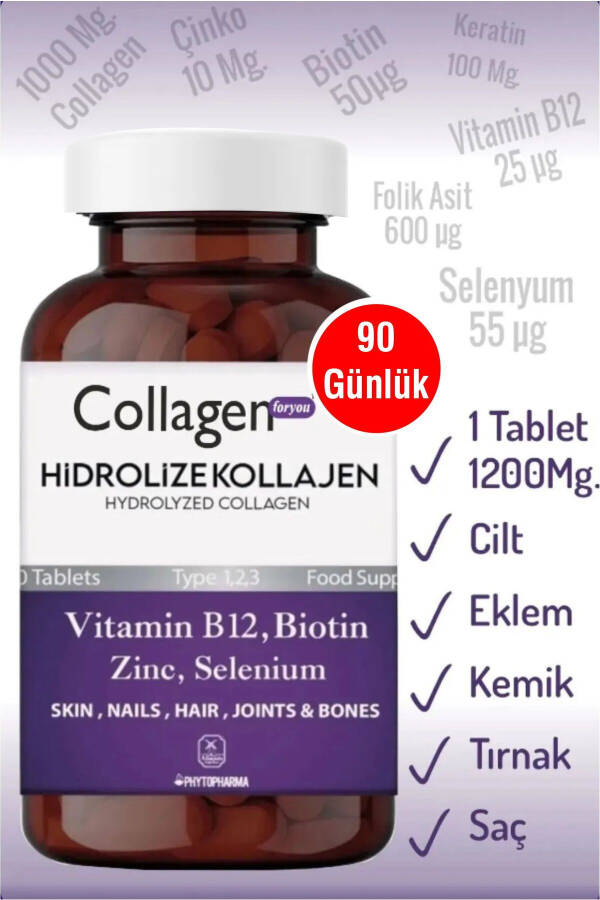 Gidroliz qilingan Kollagen 123-turi Biotin - Keratin - Sink - Foliy kislotasi - Selen - B12 Vitamini 1200mg 90 tablet - 24