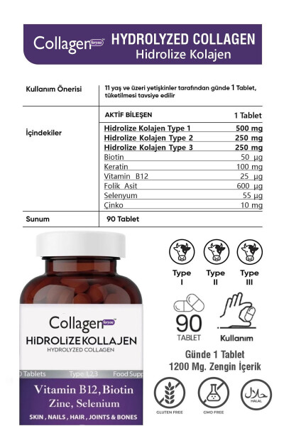 Gidroliz qilingan Kollagen 123-turi Biotin - Keratin - Sink - Foliy kislotasi - Selen - B12 Vitamini 1200mg 90 tablet - 25