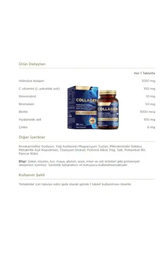 Gidrolizovan Kollagen Gialuron Kislotasi 30 Tablet + Bromelin 500 Mg 60 Tablet - NUTRAXIN (1)